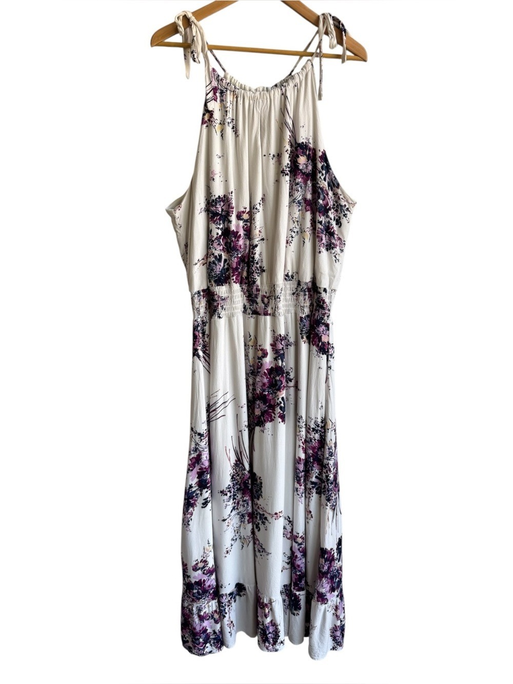 Maurices Floral Midi Dress Sz 2 White Purple Romantic Sundress Cocktail Everyday